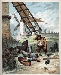 Don Quijote und die Windmühlen - Illustration von Jules David (1808-1892) aus Histoire de Don Quixote (Don Quijote) - 1887 - von Miguel de Cervantes Saavedra (1547-1616)