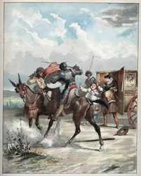 Don Quixote greift seinen Feind an - Illustration von Jules David aus Histoire de Don Quixote - 1887 - von Miguel de Cervantes Saavedra