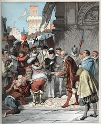 Sancho Panza wird zum Gouverneur der Insel Barataria ernannt - Illustration von Jules David aus „Histoire de Don Quixote“ von Miguel de Cervantes Saavedra - 1887