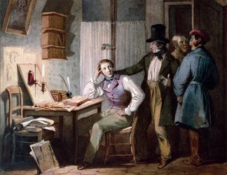 Studie. Ein fleißiger Schüler an seinem Schreibtisch bleibt bei der Arbeit, während seine Freunde ausgehen. Farbgravur von Jules David (19. Jahrhundert). Paris, Musée Carnavalet