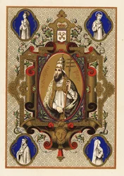 Porträt von Sankt Gregor, Papst Gregor I., mit Triregnum oder Dreifachkrone und päpstlicher Ferula, innerhalb eines dekorativen Rahmens