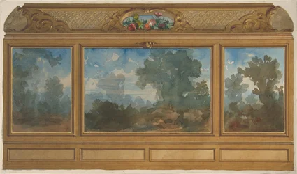 Erhebung eines getäfelten Innenraums, dekoriert mit gemalten Landschaften und Gewölben, 1830-97. Schöpfer: Jules-Edmond-Charles Lachaise, Eugène-Pierre Gourdet
