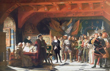 Francis de Bonnivard (1496-1570) der Gefangene von Chillon, vor den Herzog von Savoyen gebracht im Jahr 1530, 1870