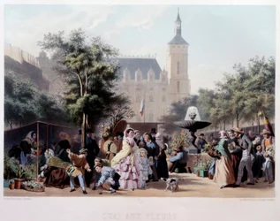 Ansicht des Quai aux Fleurs in Paris. Spaziergang auf der Ile de la Cite. Lithographie von Jules Marie Desandre