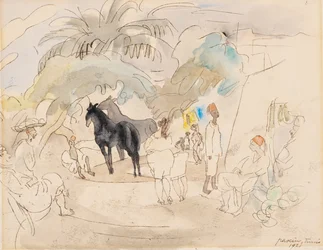 Figuren und zwei Pferde in der Landschaft