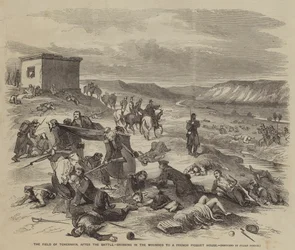 Das Feld der Tschernaja nach der Schlacht, Verwundete werden zu einem französischen Wachhaus gebracht