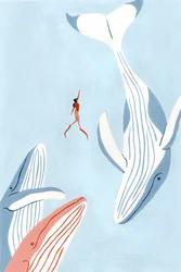Frau und Wale schwimmen