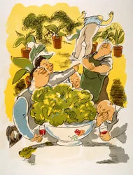 Humorvolle Weinillustration 1946. Illustration von Julien Pavil