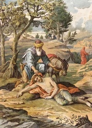 Der barmherzige Samariter (Farblithografie)