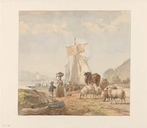 Figuren mit Vieh am Flussufer mit Fähre