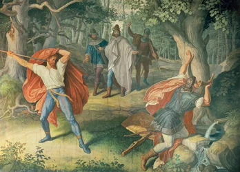 Hagen tötet Siegfried am Brunnen, Halle der Nibelungen