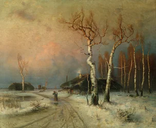 Ein Dorf in einer bewaldeten Winterlandschaft