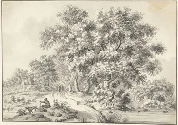 Landschaft mit sitzendem Mann mit Hund und Spaziergängern auf Landweg