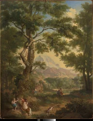 Arkadische Landschaft mit Kindern, einem Vogel und einem Hund