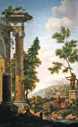 Arkadische Landschaft mit klassischen Ruinen und Figuren am Flussufer