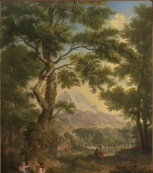 Arkadische Landschaft mit Kindern, einem Vogel und einem Hund im Vordergrund