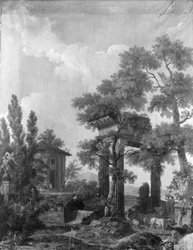 Wandbehang mit arkadischer Landschaft, zugehörig zum Saal der Herengracht 40