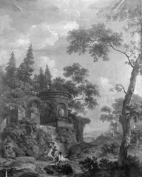 Wandbehang mit arkadischer Landschaft, zugehörig zum Saal der Herengracht 40