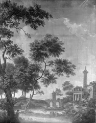 Wandbehang mit arkadischer Landschaft, zugehörig zum Saal der Herengracht 40
