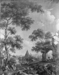 Wandbehang mit arkadischer Landschaft, zum Saal der Herengracht 40 gehörend