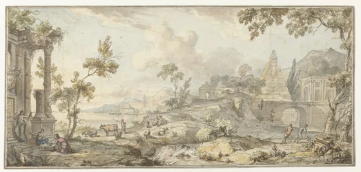 Entwurf für eine Zimmerbemalung mit südlicher Küstenlandschaft und Pyramide