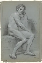 Sitzender männlicher Akt, die linke Hand unter dem Kopf