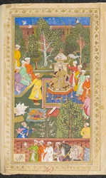Or. 3714 Vol.4 fol.491v Ein Fest, an dem Usbeken, Hindus und Kizilbash-Gesandte teilnehmen, die Geschenke und Geld zu Babur brachten, aus 