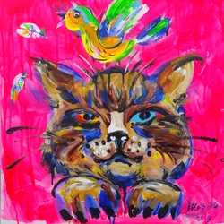 Bunte Katze mit Vogel