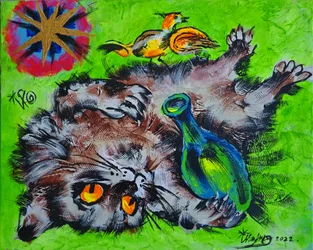 Verspielter Kater und Vogel