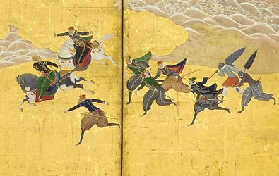 Detail der Südlichen Barbaren kommen zum Handel, Paar von sechs Paneel-Bildschirmen, frühes 17. Jahrhundert