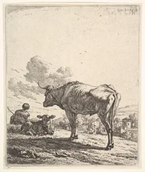 Kuhhirte mit Kuh und Kalb auf einem Hügel, der Kuhhirte von hinten gesehen und sitzend, 1658