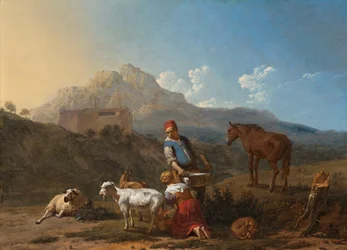 Italienische Landschaft mit Mädchen, das eine Ziege melkt