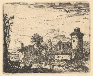 Landschaft mit zwei gehörnten Ziegen im Schatten links im Vordergrund, dahinter Dorfgebäude..., ca. 1641-78.