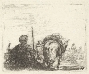 Packpferd, sitzender Mann mit Stab in der rechten Hand und Hund, alle von hinten gesehen, ca. 1641-78