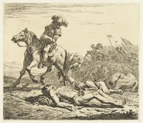 Schlachtfeld mit Soldat zu Pferd und zwei Toten