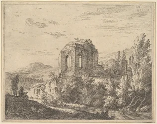 Ansicht von Ruinen mit der Ecke eines Gebäudes mit zwei Rundbogenfenstern, in einer Landschaft, 1658
