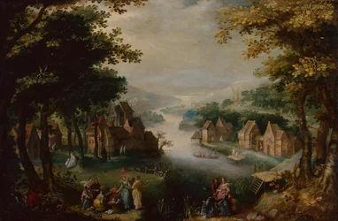 Die Auffindung des Moses mit einem eleganten Paar, Diener und Jäger