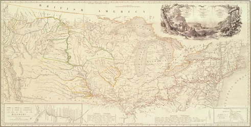 Karte zur Veranschaulichung der Route von Prinz Maximilian von Wied im Inneren Nordamerikas von Boston zum oberen Missouri