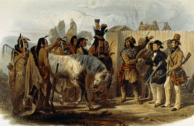 Prinz Max von Wied-Neuwied (1782-1867) und Karl Bodmer werden von den Hidatsa-Indianern begrüßt