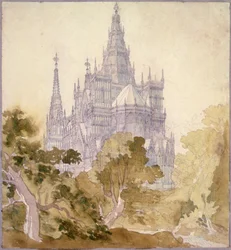 Eine bewaldete Landschaft mit einer gotischen Kirche