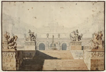 Armida. Oper von Christoph Willibald Gluck. Entwurf zur 1. Dekoration. Palast mit Treppenanlage