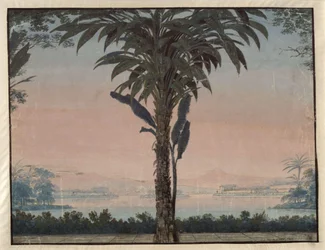 Athalia. Oper von Johann Nepomuk von Poissl. Entwurf zur 4. Dekoration. Garten des Hohepriesters mit großer Palme vor einer Wasserfläche