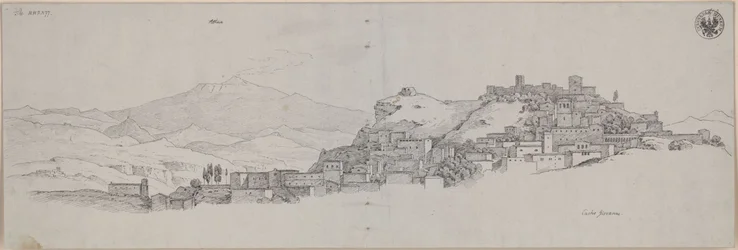 Aussicht von der Höhe von Castro Giovanni auf den Ätna / Ansicht von Enna mit dem Ätna im Hintergrund