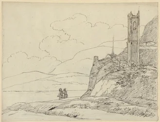 Berglandschaft mit Turmruinen und Figuren