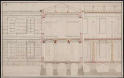 Berlin. Akademiegebäude Unter den Linden. Teilaufriss der Fassade, Teillängsschnittdetail und Querschnitt