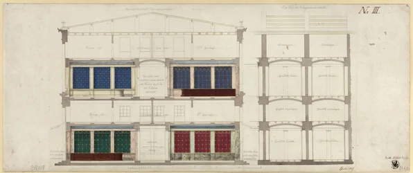 Berlin, Unter den Linden. Entwurf zu einem Kaufhaus. Zwei Schnitte