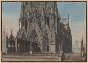 Die Jungfrau von Orleans. Trauerspiel von Friedrich Schiller. Entwurf zur 9. Dekoration. Fassade der Kathedrale von Reims