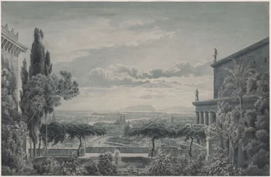 Die Residenz eines Fürsten. Privatgarten des Fürstenpaares mit dem Blick auf die Stadt und das Meer