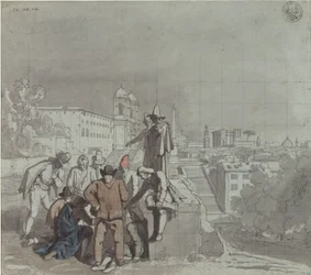 Eine Gruppe von Spielern mit der Kirche Santa Trinità dei Monti in Rom im Hintergrund