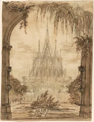 Gotische Kathedrale hinter einem Teich mit Schwänen